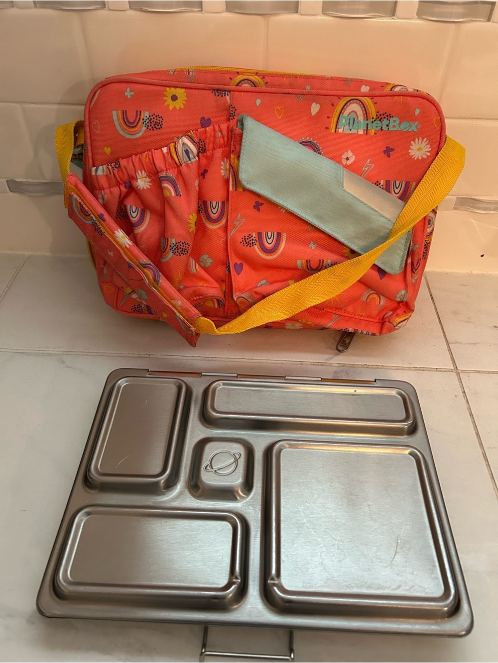PlanetBox bento box Rainbow Lunch Bag with Yellow Strap. Metal box.